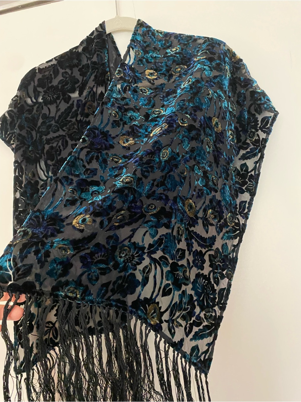 Blue and black sheer floral velvet wrap/scarf with fringe